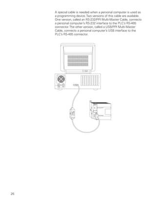 A special cable is needed when a personal computer is used as
     a programming device. Two versions of this cable are available.
     One version, called an RS-232/PPI Multi-Master Cable, connects
     a personal computer’s RS-232 interface to the PLC’s RS-485
     connector. The other version, called a USB/PPI Multi-Master
     Cable, connects a personal computer’s USB interface to the
     PLC’s RS-485 connector.




26
 