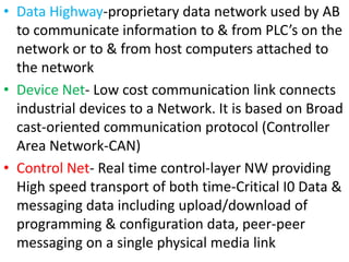 • Data Highway-proprietary data network used by AB
to communicate information to & from PLC’s on the
network or to & from host computers attached to
the network
• Device Net- Low cost communication link connects
industrial devices to a Network. It is based on Broad
cast-oriented communication protocol (Controller
Area Network-CAN)
• Control Net- Real time control-layer NW providing
High speed transport of both time-Critical I0 Data &
messaging data including upload/download of
programming & configuration data, peer-peer
messaging on a single physical media link
 