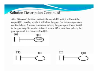 Solution Description Continued
               p
After 20 second the timer activate the switch I01 which will reset the
output Q01, in other words it will close the gate. But this example does
not finish here. A sensor is required to keep the gate open if a car is still
in the gate way. So an other infrared sensor I02 is used here to keep the
gate open and it is connected to Q01.
   I01                    Q01
                          Reset




    T33                      I01                   I02                     Q01
 