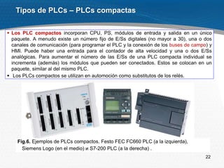 22
 Los PLC compactos incorporan CPU, PS, módulos de entrada y salida en un único
paquete. A menudo existe un número fijo de E/Ss digitales (no mayor a 30), una o dos
canales de comunicación (para programar el PLC y la conexión de los buses de campo) y
HMI. Puede haber una entrada para el contador de alta velocidad y una o dos E/Ss
analógicas. Para aumentar el número de las E/Ss de una PLC compacta individual se
incrementa (además) los módulos que pueden ser conectados. Estos se colocan en un
paquete, similar al del mismo PLC.
 Los PLCs compactos se utilizan en automoción como substitutos de los relés.
Tipos de PLCs – PLCs compactas
Fig.6. Ejemplos de PLCs compactos. Festo FEC FC660 PLC (a la izquierda),
Siemens Logo (en el medio) и S7-200 PLC (a la derecha) .
 