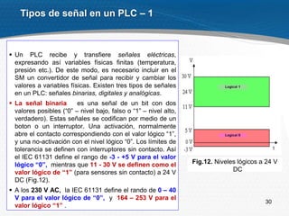 30
 Un PLC recibe y transfiere señales eléctricas,
expresando así variables físicas finitas (temperatura,
presión etc.). De este modo, es necesario incluir en el
SM un convertidor de señal para recibir y cambiar los
valores a variables físicas. Existen tres tipos de señales
en un PLC: señales binarias, digitales y analógicas.
 La señal binaria es una señal de un bit con dos
valores posibles (“0” – nivel bajo, falso o “1” – nivel alto,
verdadero). Estas señales se codifican por medio de un
boton o un interruptor. Una activación, normalmente
abre el contacto correspondiendo con el valor lógico “1”,
y una no-activación con el nivel lógico “0”. Los límites de
tolerancia se definen con interruptores sin contacto. Así
el IEC 61131 define el rango de -3 - +5 V para el valor
lógico “0”, mientras que 11 - 30 V se definen como el
valor lógico de “1” (para sensores sin contacto) a 24 V
DC (Fig.12).
 A los 230 V AC, la IEC 61131 define el rando de 0 – 40
V para el valor lógico de “0”, y 164 – 253 V para el
valor lógico “1” .
Tipos de señal en un PLC – 1
Fig.12. Niveles lógicos a 24 V
DC
 