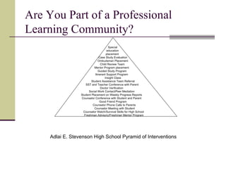 Are You Part of a Professional Learning Community? Special education   placement Case Study Evaluation  Ombudsman Placement Child Review Team Mentor Program placement Guided Study Program Itinerant Support Program Insight Class Student Assistance Team Referral SST and Teacher Conference with Parent Doctor Verification Social Work Contact/Peer Mediation Student Placement on Weekly Progress Reports Counselor Conference with Student and Parent Good Friend Program Counselor Phone Calls to Parents Counselor Meeting with Student Counselor Watch/Survival Skills for High School Freshman Advisory/Freshman Mentor Program   Adlai E. Stevenson High School Pyramid of Interventions 