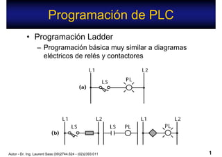 Programación de PLC
1Autor - Dr. Ing. Laurent Sass (09)2744.624 - (02)2393.011
• Programación Ladder
– Programación básica muy similar a diagramas
eléctricos de relés y contactores
 