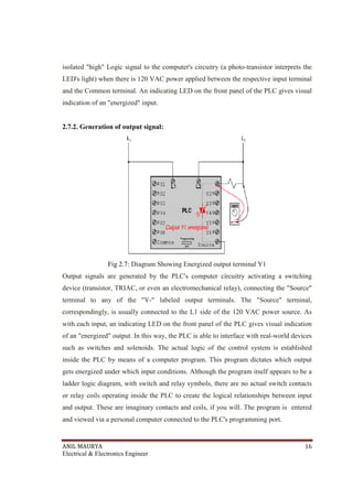 ANIL MAURYA 16
Electrical & Electronics Engineer
isolated "high" Logic signal to the computer's circuitry (a photo-transistor interprets the
LED's light) when there is 120 VAC power applied between the respective input terminal
and the Common terminal. An indicating LED on the front panel of the PLC gives visual
indication of an "energized" input.
2.7.2. Generation of output signal:
Fig 2.7: Diagram Showing Energized output terminal Y1
Output signals are generated by the PLC's computer circuitry activating a switching
device (transistor, TRIAC, or even an electromechanical relay), connecting the "Source"
terminal to any of the "Y-" labeled output terminals. The "Source" terminal,
correspondingly, is usually connected to the L1 side of the 120 VAC power source. As
with each input, an indicating LED on the front panel of the PLC gives visual indication
of an "energized" output. In this way, the PLC is able to interface with real-world devices
such as switches and solenoids. The actual logic of the control system is established
inside the PLC by means of a computer program. This program dictates which output
gets energized under which input conditions. Although the program itself appears to be a
ladder logic diagram, with switch and relay symbols, there are no actual switch contacts
or relay coils operating inside the PLC to create the logical relationships between input
and output. These are imaginary contacts and coils, if you will. The program is entered
and viewed via a personal computer connected to the PLC's programming port.
 