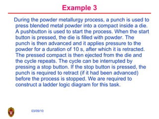 Example 3 During the powder metallurgy process, a punch is used to press blended metal powder into a compact inside a die. A pushbutton is used to start the process. When the start button is pressed, the die is filled with powder. The punch is then advanced and it applies pressure to the powder for a duration of 10 s, after which it is retracted. The pressed compact is then ejected from the die and the cycle repeats. The cycle can be interrupted by pressing a stop button. If the stop button is pressed, the punch is required to retract (if it had been advanced) before the process is stopped. We are required to construct a ladder logic diagram for this task. 