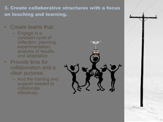 3. Create collaborative structures with a focus on teaching and learning. Create teams that: Engage in a constant cycle of reflection, planning, experimentation, analysis of results, and adaptation. Provide time for collaboration and a clear purpose. And the training and support needed to collaborate effectively. 
