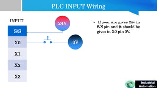 PLC INPUT Wiring
S/S
X0
X1
X2
X3
INPUT
24V
0V
 If your are gives 24v in
S/S pin and it should be
gives in X0 pin 0V.
 