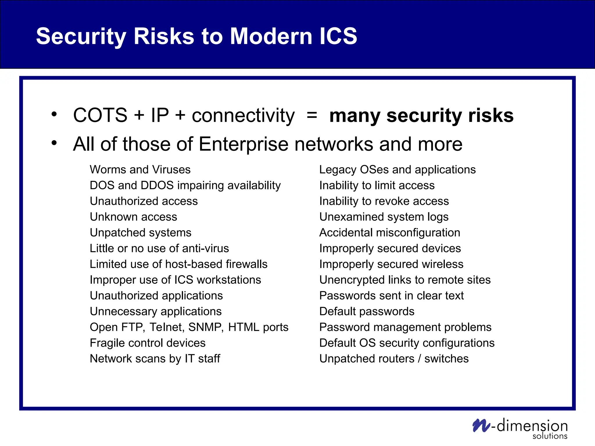 Security Risks to Modern ICS
• COTS + IP + connectivity = many security risks
• All of those of Enterprise networks and more
Worms and Viruses Legacy OSes and applications
DOS and DDOS impairing availability Inability to limit access
Unauthorized access Inability to revoke access
Unknown access Unexamined system logs
Unpatched systems Accidental misconfiguration
Little or no use of anti-virus Improperly secured devices
Limited use of host-based firewalls Improperly secured wireless
Improper use of ICS workstations Unencrypted links to remote sites
Unauthorized applications Passwords sent in clear text
Unnecessary applications Default passwords
Open FTP, Telnet, SNMP, HTML ports Password management problems
Fragile control devices Default OS security configurations
Network scans by IT staff Unpatched routers / switches
 