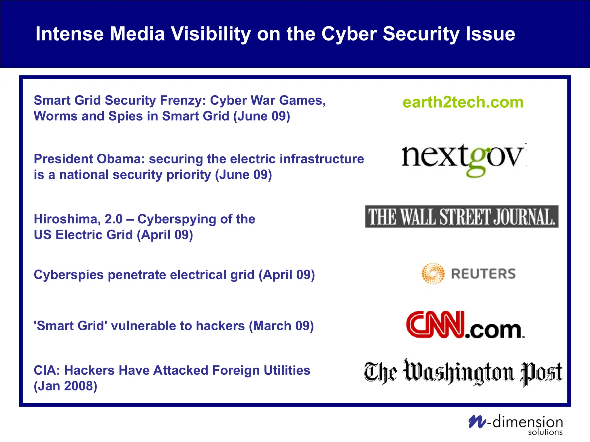 Hiroshima, 2.0 – Cyberspying of the
US Electric Grid (April 09)
Cyberspies penetrate electrical grid (April 09)
'Smart Grid' vulnerable to hackers (March 09)
CIA: Hackers Have Attacked Foreign Utilities
(Jan 2008)
President Obama: securing the electric infrastructure
is a national security priority (June 09)
Smart Grid Security Frenzy: Cyber War Games,
Worms and Spies in Smart Grid (June 09)
earth2tech.com
Intense Media Visibility on the Cyber Security Issue
 