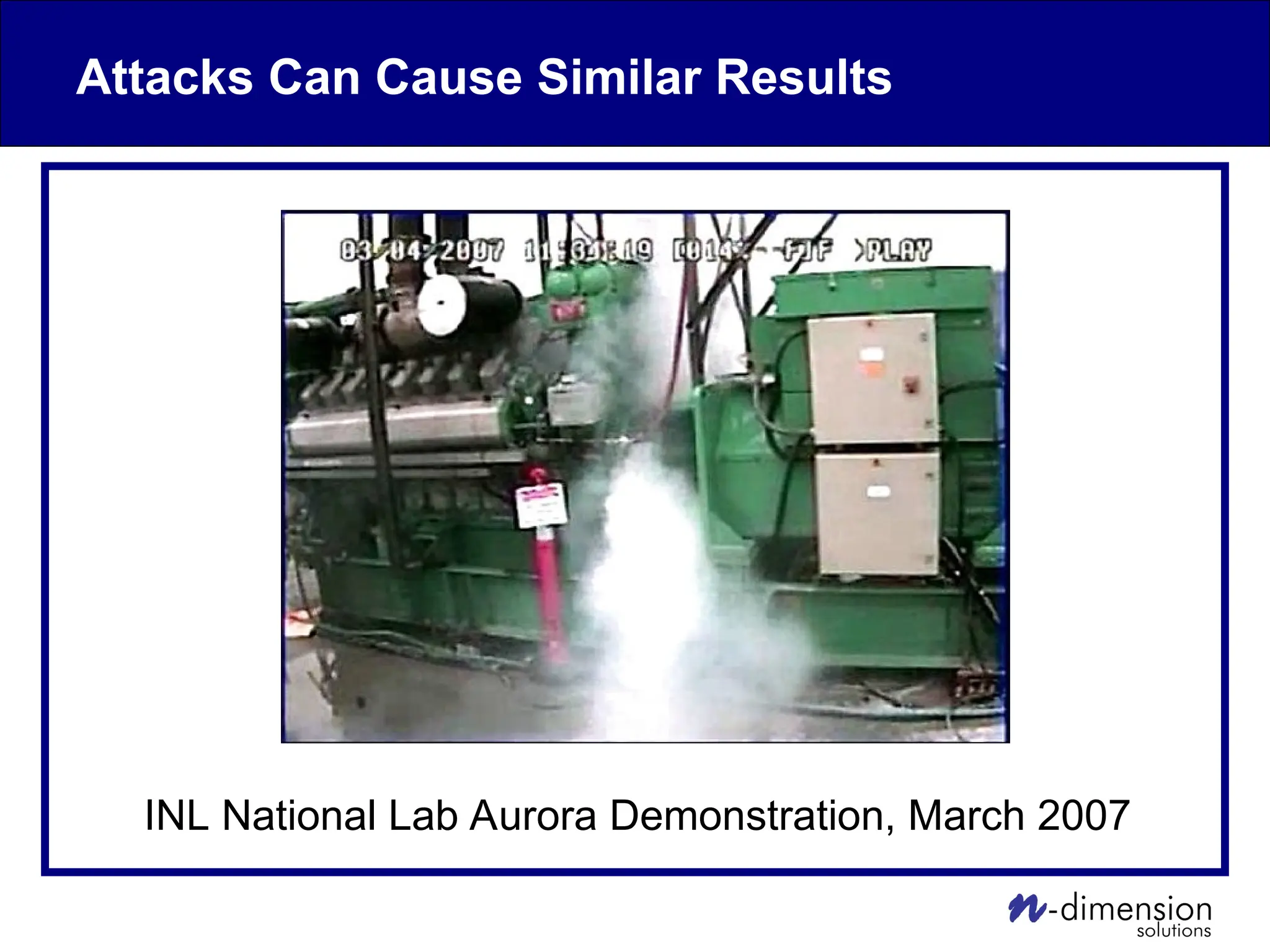 Attacks Can Cause Similar Results
INL National Lab Aurora Demonstration, March 2007
 