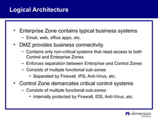 Logical Architecture
• Enterprise Zone contains typical business systems
– Email, web, office apps, etc.
• DMZ provides business connectivity
– Contains only non-critical systems that need access to both
Control and Enterprise Zones
– Enforces separation between Enterprise and Control Zones
– Consists of multiple functional sub-zones
• Separated by Firewall, IPS, Anti-Virus, etc.
• Control Zone demarcates critical control systems
– Consists of multiple functional sub-zones
• Internally protected by Firewall, IDS, Anti-Virus, etc.
 