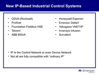 New IP-Based Industrial Control Systems
• ODVA (Rockwell)
• Profinet
• Foundation Fieldbus HSE
• Telvent
• ABB 800xA
• Honeywell Experion
• Emerson DeltaV
• Yokogawa VNET/IP
• Invensys Infusion
• Survalent
• IP to the Control Network or even Device Network
• Not all are fully compatible with “ordinary IP”
 
