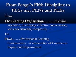From Senge’s Fifth Discipline toFrom Senge’s Fifth Discipline to
PLCs inc. PLNs and PLEsPLCs inc. PLNs and PLEs
From:From:
The Learning OrganisationThe Learning Organisation……….fostering……….fostering
aspiration, developing reflective conversation,aspiration, developing reflective conversation,
and understanding complexity…..and understanding complexity…..
To:To:
PLCsPLCs……..Professional Learning……..Professional Learning
Communities…..Communities of ContinuousCommunities…..Communities of Continuous
Inquiry and ImprovementInquiry and Improvement
 