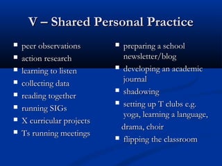 V – Shared Personal PracticeV – Shared Personal Practice
 peer observationspeer observations
 action researchaction research
 learning to listenlearning to listen
 collecting datacollecting data
 reading togetherreading together
 running SIGsrunning SIGs
 X curricular projectsX curricular projects
 Ts running meetingsTs running meetings
 preparing a schoolpreparing a school
newsletter/blognewsletter/blog
 developing an academicdeveloping an academic
journaljournal
 shadowingshadowing
 setting up T clubs e.g.setting up T clubs e.g.
yoga, learning a language,yoga, learning a language,
drama, choirdrama, choir
 flipping the classroomflipping the classroom
 