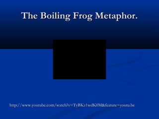 The Boiling Frog Metaphor.The Boiling Frog Metaphor.
http://www.youtube.com/watch?v=TyBKz1wdK0M&feature=youtu.behttp://www.youtube.com/watch?v=TyBKz1wdK0M&feature=youtu.be
 