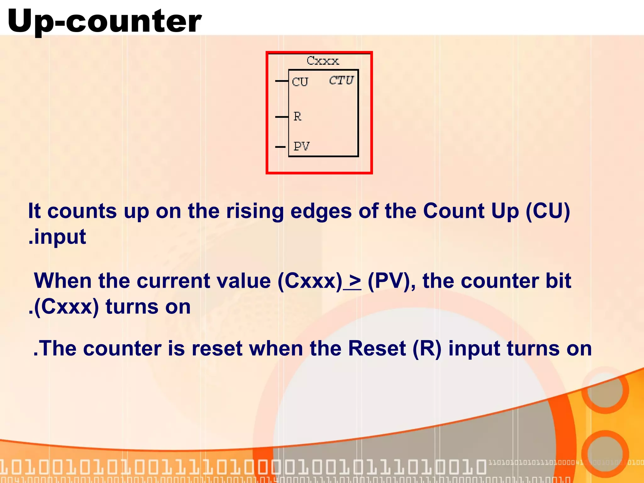 Up-counter It counts up on the rising edges of the Count Up (CU) input. When the current value (Cxxx)  >  (PV), the counter bit (Cxxx) turns on. The counter is reset when the Reset (R) input turns on.   