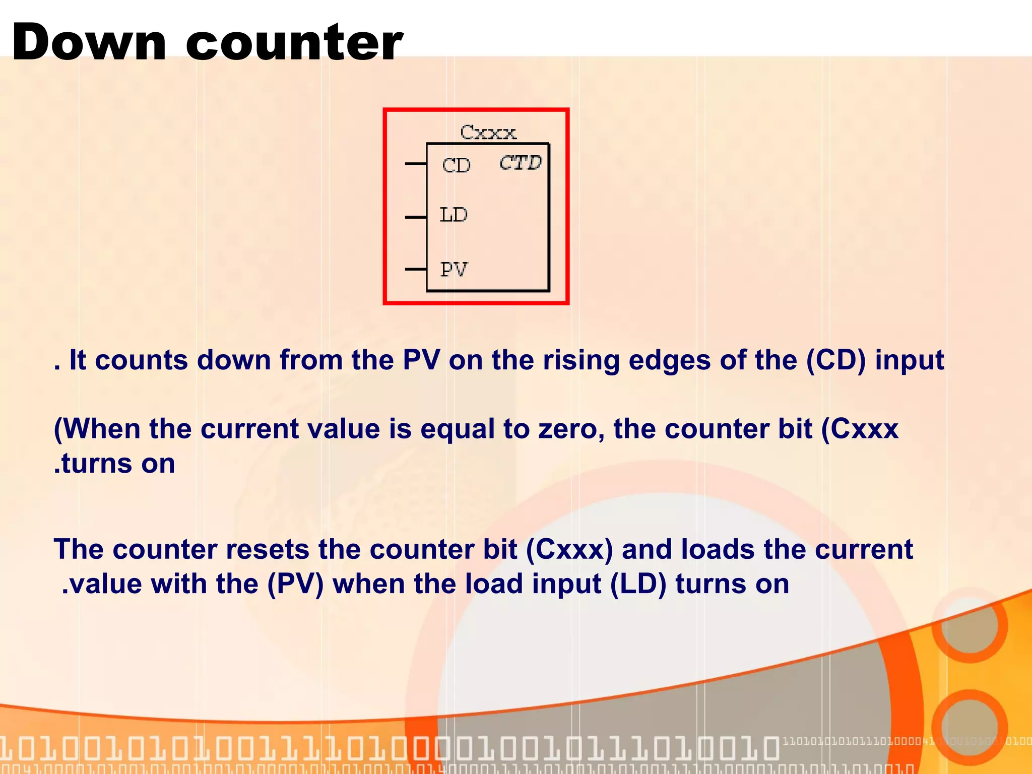 Down counter It counts down from the PV on the rising edges of the (CD) input . When the current value is equal to zero, the counter bit (Cxxx) turns on. The counter resets the counter bit (Cxxx) and loads the current value with the (PV) when the load input (LD) turns on.  