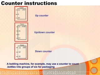 Counter instructions Up counter Up/down counter Down counter A bottling machine, for example, may use a counter to count bottles into groups of six for packaging. 