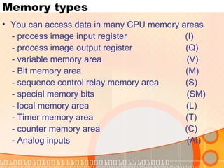 Memory types You can access data in many CPU memory areas - process image input register  (I) - process image output register  (Q) - variable memory area  (V) - Bit memory area  (M) - sequence control relay memory area  (S) - special memory bits  (SM) - local memory area  (L) - Timer memory area  (T) - counter memory area  (C) - Analog inputs  (AI) 