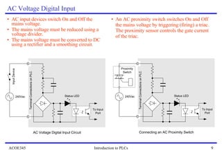 AC Voltage Digital Input AC input devices switch On and Off the mains voltage. The mains voltage must be reduced using a voltage divider.  The mains voltage must be converted to DC using a rectifier and a smoothing circuit. An AC proximity switch switches On and Off the mains voltage by triggering (firing) a triac. The proximity sensor controls the gate current of the triac. 