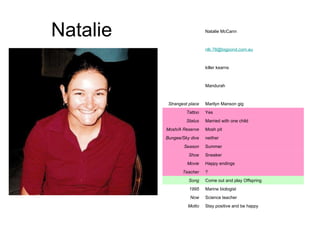 Natalie Stay positive and be happy Motto Science teacher Now Marine biologist 1995 Come out and play Offspring Song ? Teacher Happy endings Movie Sneaker Shoe Summer Season neither Bungee/Sky dive Mosh pit Mosh/A Reserve Married with one child Status Yes Tattoo Marilyn Manson gig Strangest place Mandurah killer kearns [email_address] Natalie McCann 