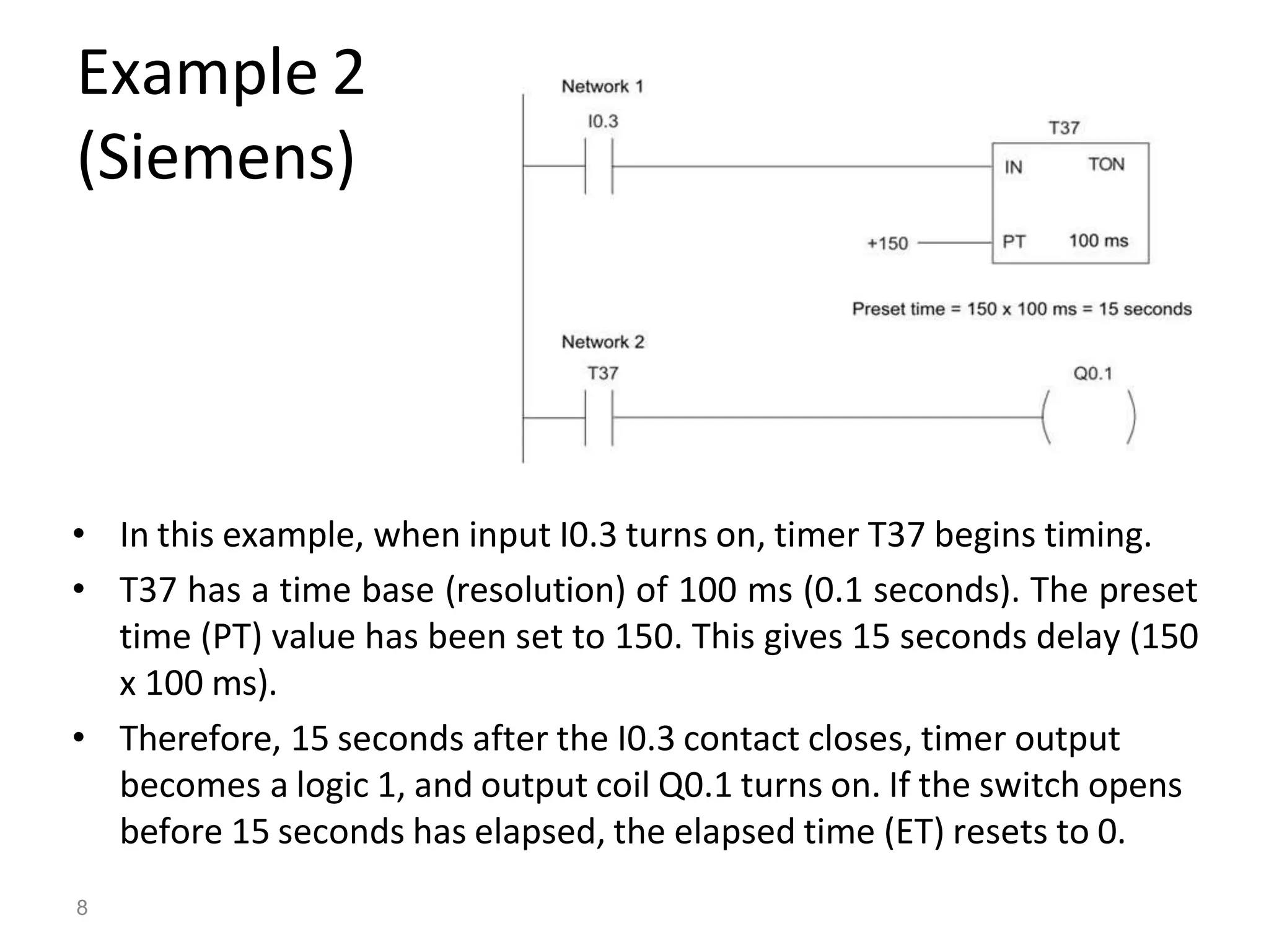 Example 2
(Siemens)
• In this example, when input I0.3 turns on, timer T37 begins timing.
• T37 has a time base (resolution) of 100 ms (0.1 seconds). The preset
time (PT) value has been set to 150. This gives 15 seconds delay (150
x 100 ms).
• Therefore, 15 seconds after the I0.3 contact closes, timer output
becomes a logic 1, and output coil Q0.1 turns on. If the switch opens
before 15 seconds has elapsed, the elapsed time (ET) resets to 0.
8
 