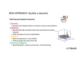 4
NEW APPROACH: Quality is dynamic
TAUS Dynamic Quality Framework
1. Dynamic:
• Quality level change based on content, pro...