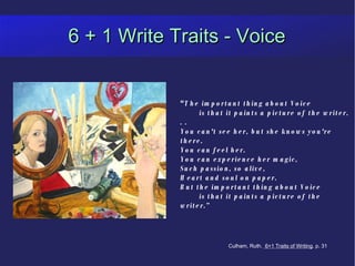 6 + 1 Write Traits - Voice “ The important thing about Voice is that it paints a picture of the writer. . .  You can't see her, but she knows you're there. You can feel her. You can experience her magic, Such passion, so alive, Heart and soul on paper. But the important thing about Voice is that it paints a picture of the writer.” Culham, Ruth.  6+1 Traits of Writing . p. 31 