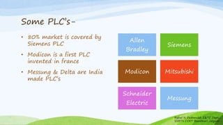 Some PLC’s-
• 80% market is covered by
Siemens PLC
• Modicon is a first PLC
invented in france
• Messung & Delta are India
made PLC’s
Allen
Bradley
Siemens
Modicon Mitsubishi
Schneider
Electric
Messung
Rahul N Deshmukh E&TC Dept
SSBT's COET Bambhori Jalgaon
 