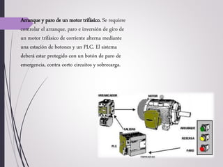 Arranque y paro de un motor trifásico. Se requiere
controlar el arranque, paro e inversión de giro de
un motor trifásico de corriente alterna mediante
una estación de botones y un PLC. El sistema
deberá estar protegido con un botón de paro de
emergencia, contra corto circuitos y sobrecarga.
 