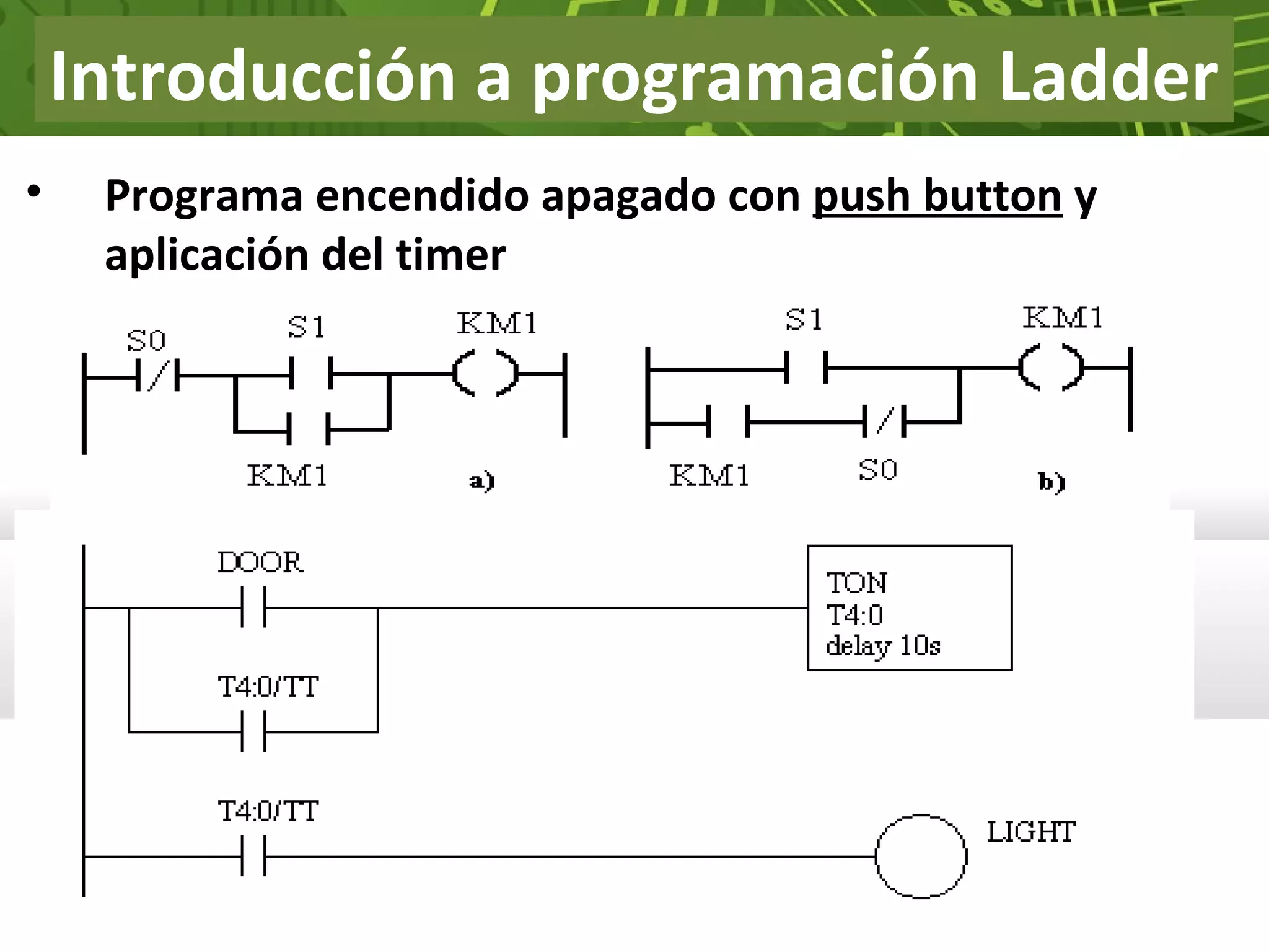Introducción a programación Ladder
• Programa encendido apagado con push button y
aplicación del timer
 