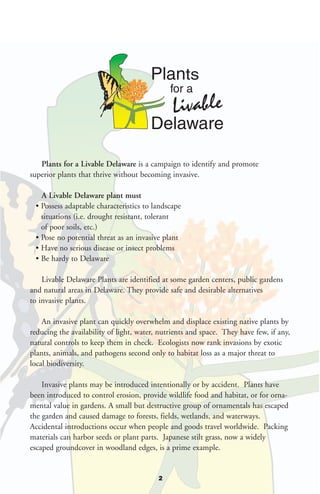 Plants for a Livable Delaware is a campaign to identify and promote
superior plants that thrive without becoming invasive.

   A Livable Delaware plant must
 • Possess adaptable characteristics to landscape
   situations (i.e. drought resistant, tolerant
   of poor soils, etc.)
 • Pose no potential threat as an invasive plant
 • Have no serious disease or insect problems
 • Be hardy to Delaware

    Livable Delaware Plants are identified at some garden centers, public gardens
and natural areas in Delaware. They provide safe and desirable alternatives
to invasive plants.

    An invasive plant can quickly overwhelm and displace existing native plants by
reducing the availability of light, water, nutrients and space. They have few, if any,
natural controls to keep them in check. Ecologists now rank invasions by exotic
plants, animals, and pathogens second only to habitat loss as a major threat to
local biodiversity.

    Invasive plants may be introduced intentionally or by accident. Plants have
been introduced to control erosion, provide wildlife food and habitat, or for orna-
mental value in gardens. A small but destructive group of ornamentals has escaped
the garden and caused damage to forests, fields, wetlands, and waterways.
Accidental introductions occur when people and goods travel worldwide. Packing
materials can harbor seeds or plant parts. Japanese stilt grass, now a widely
escaped groundcover in woodland edges, is a prime example.


                                          2
 