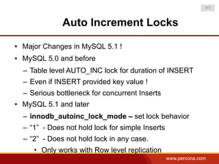 -41-



                Auto Increment Locks
●   Major Changes in MySQL 5.1 !
●   MySQL 5.0 and before
    – Table level AUTO_INC lock for duration of INSERT
    – Even if INSERT provided key value !
    – Serious bottleneck for concurrent Inserts
●   MySQL 5.1 and later
    – innodb_autoinc_lock_mode – set lock behavior
    – “1” - Does not hold lock for simple Inserts
    – “2” - Does not hold lock in any case.
       • Only works with Row level replication
                                                    www.percona.com
 