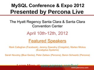 MySQL Conference & Expo 2012
    Presented by Percona Live
    The Hyatt Regency Santa Clara & Santa Clara
                Convention Center

                   April 10th-12th, 2012
                     Featured Speakers
   Mark Callaghan (Facebook), Jeremy Zawodny (Craigslist), Marten Mickos
                          (Eucalyptus Systems)

Sarah Novotny (Blue Gecko), Peter Zaitsev (Percona), Baron Schwartz (Percona)



          Learn More at www.percona.com/live/
                                        www.percona.com
 
