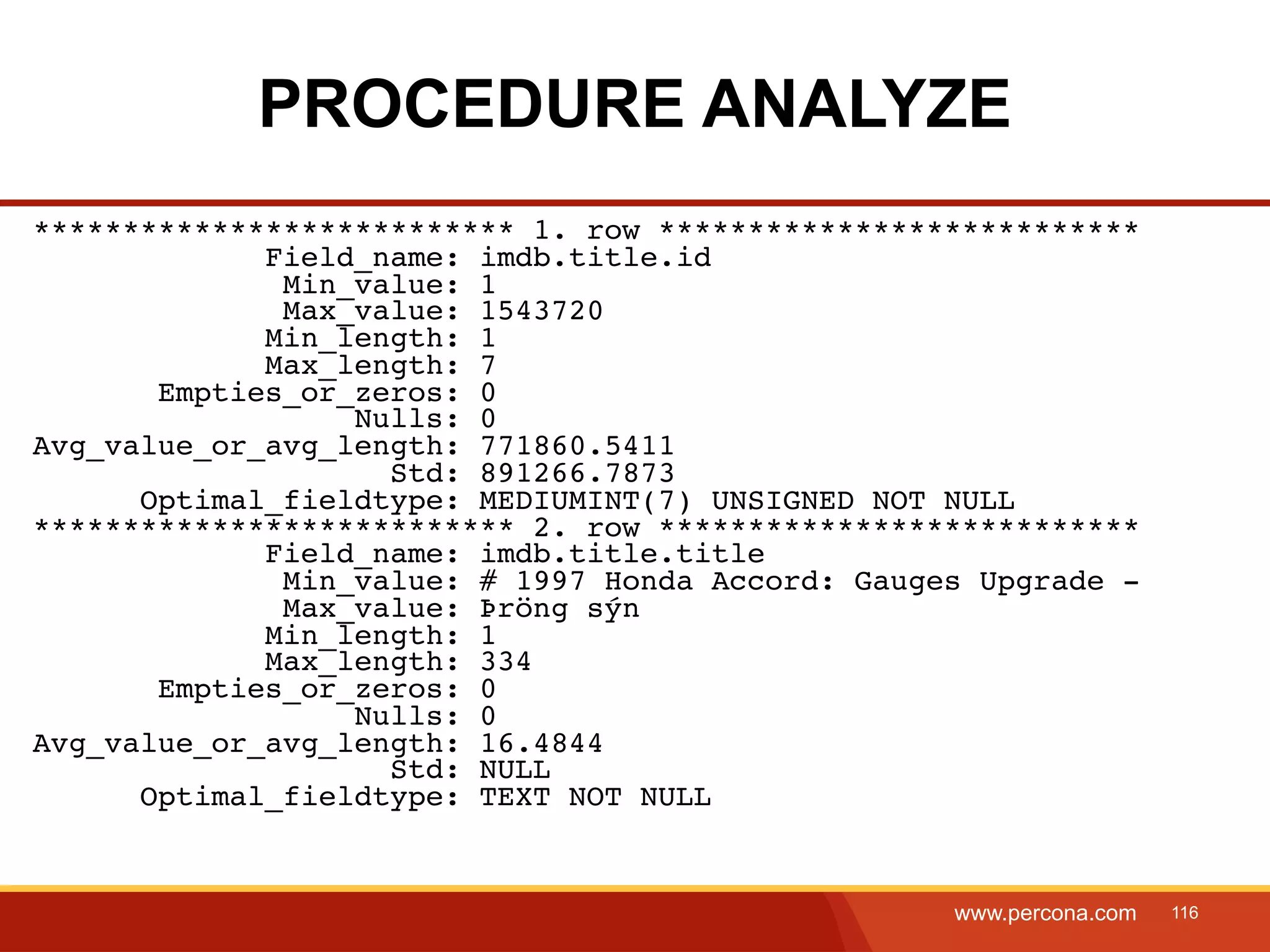 PROCEDURE ANALYZE *************************** 1. row *************************** Field_name: imdb.title.id Min_value: 1 Max_value: 1543720 Min_length: 1 Max_length: 7 Empties_or_zeros: 0 Nulls: 0 Avg_value_or_avg_length: 771860.5411 Std: 891266.7873 Optimal_fieldtype: MEDIUMINT(7) UNSIGNED NOT NULL *************************** 2. row *************************** Field_name: imdb.title.title Min_value: # 1997 Honda Accord: Gauges Upgrade - Max_value: Þröng sýn Min_length: 1 Max_length: 334 Empties_or_zeros: 0 Nulls: 0 Avg_value_or_avg_length: 16.4844 Std: NULL Optimal_fieldtype: TEXT NOT NULL www.percona.com 116 