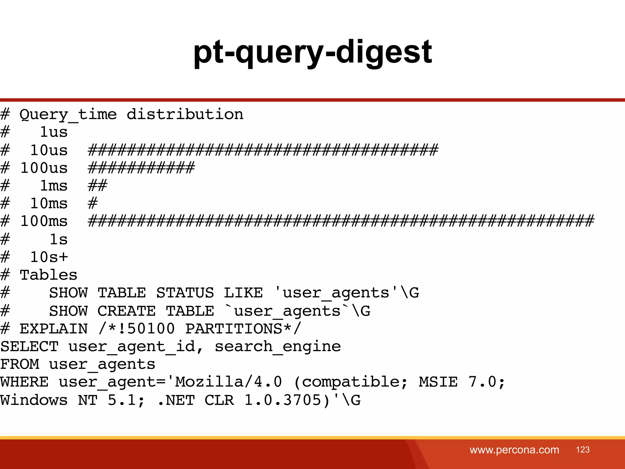 pt-query-digest # Query_time distribution # 1us # 10us #################################### # 100us ########### # 1ms ## # 10ms # # 100ms #################################################### # 1s # 10s+ # Tables # SHOW TABLE STATUS LIKE 'user_agents'G # SHOW CREATE TABLE `user_agents`G # EXPLAIN /*!50100 PARTITIONS*/ SELECT user_agent_id, search_engine FROM user_agents WHERE user_agent='Mozilla/4.0 (compatible; MSIE 7.0; Windows NT 5.1; .NET CLR 1.0.3705)'G www.percona.com 123 