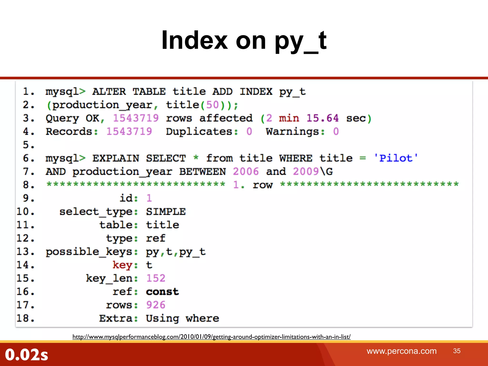 Index on py_t http://www.mysqlperformanceblog.com/2010/01/09/getting-around-optimizer-limitations-with-an-in-list/ 0.02s www.percona.com 35 