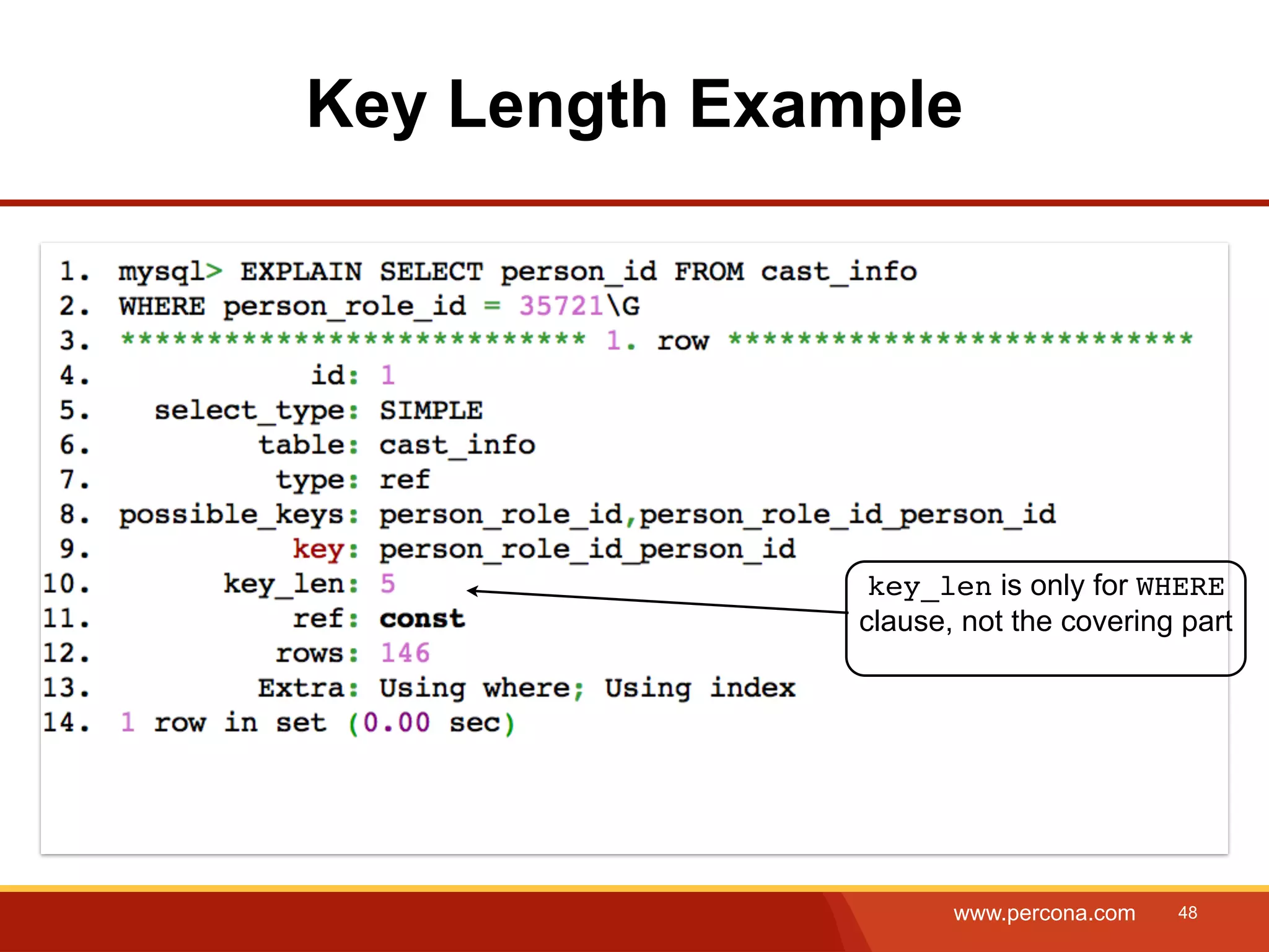 Key Length Example key_len is only for WHERE clause, not the covering part www.percona.com 48 