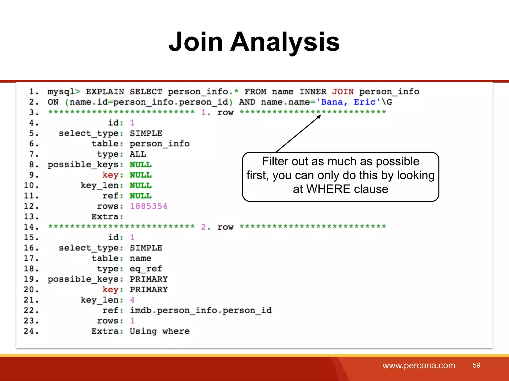 Join Analysis Filter out as much as possible first, you can only do this by looking at WHERE clause www.percona.com 59 