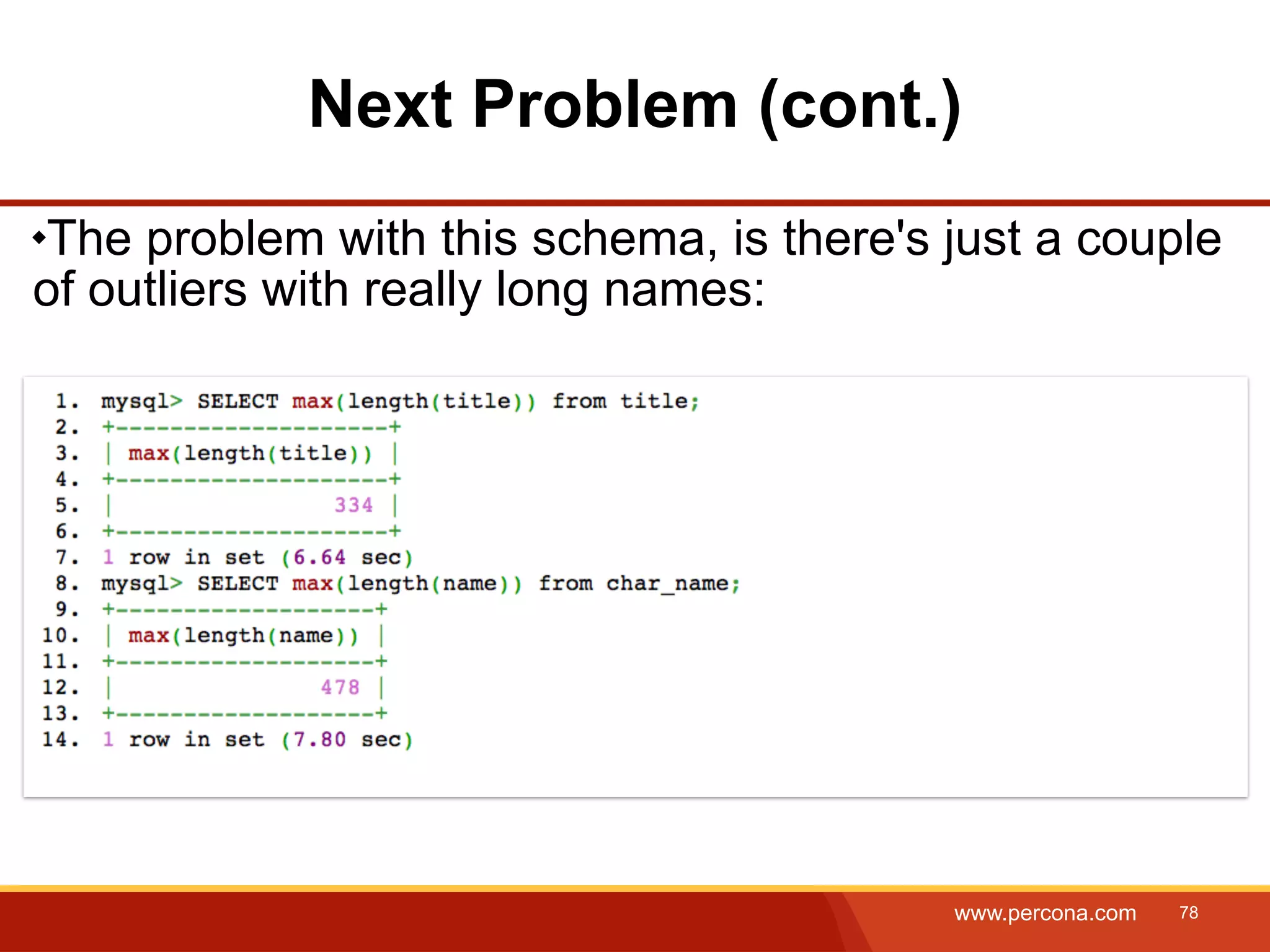 Next Problem (cont.) The problem with this schema, is there's just a couple of outliers with really long names: www.percona.com 78 