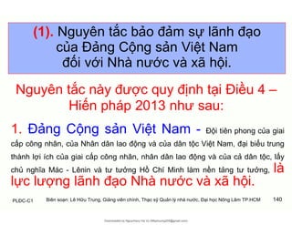 PLĐC-C1 140
(1). Nguyên tắc bảo đảm sự lãnh đạo
của Đảng Cộng sản Việt Nam
đối với Nhà nước và xã hội.
Nguyên tắc này được...