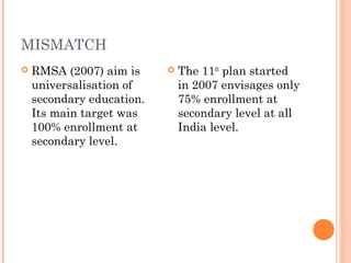 MISMATCH 
 RMSA (2007) aim is 
universalisation of 
secondary education. 
Its main target was 
100% enrollment at 
secondary level. 
 The 11th plan started 
in 2007 envisages only 
75% enrollment at 
secondary level at all 
India level. 
 