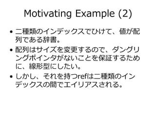 Motivating Example (2)
• ⼆種類のインデックスでひけて、値が配
  列である辞書。
• 配列はサイズを変更するので、ダングリ
  ングポインタがないことを保証するため
  に、線形型にしたい。
• しかし、それを持つrefは⼆種類のイン
  デックスの間でエイリアスされる。
 