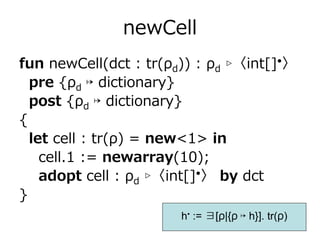 newCell
fun newCell(dct : tr(ρd)) : ρd ▹〈int[]•〉
  pre {ρd ↦ dictionary}
  post {ρd ↦ dictionary}
{
  let cell : tr(ρ) = new<1> in
    cell.1 := newarray(10);
    adopt cell : ρd ▹〈int[]•〉 by dct
}
                       h• := ∃[ρ|{ρ ↦ h}]. tr(ρ)
 