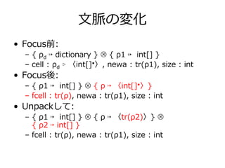 ⽂脈の変化
• Focus前:
  – { ρd ↦ dictionary } ⊗ { ρ1 ↦ int[] }
  – cell : ρd ▹ 〈int[]•〉, newa : tr(ρ1), size : int
• Focus後:
  – { ρ1 ↦ int[] } ⊗ { ρ ↦ 〈int[]•〉}
  – fcell : tr(ρ), newa : tr(ρ1), size : int
• Unpackして:
  – { ρ1 ↦ int[] } ⊗ { ρ ↦ 〈tr(ρ2)〉} ⊗
    { ρ2 ↦ int[] }
  – fcell : tr(ρ), newa : tr(ρ1), size : int
 