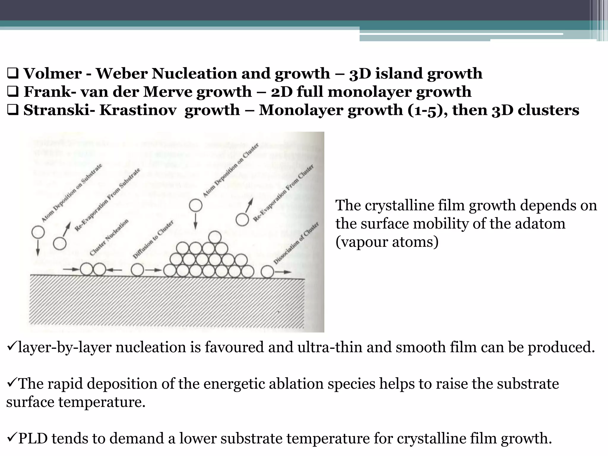 The crystalline film growth depends on
the surface mobility of the adatom
(vapour atoms)
 Volmer - Weber Nucleation and growth – 3D island growth
 Frank- van der Merve growth – 2D full monolayer growth
 Stranski- Krastinov growth – Monolayer growth (1-5), then 3D clusters
layer-by-layer nucleation is favoured and ultra-thin and smooth film can be produced.
The rapid deposition of the energetic ablation species helps to raise the substrate
surface temperature.
PLD tends to demand a lower substrate temperature for crystalline film growth.
 
