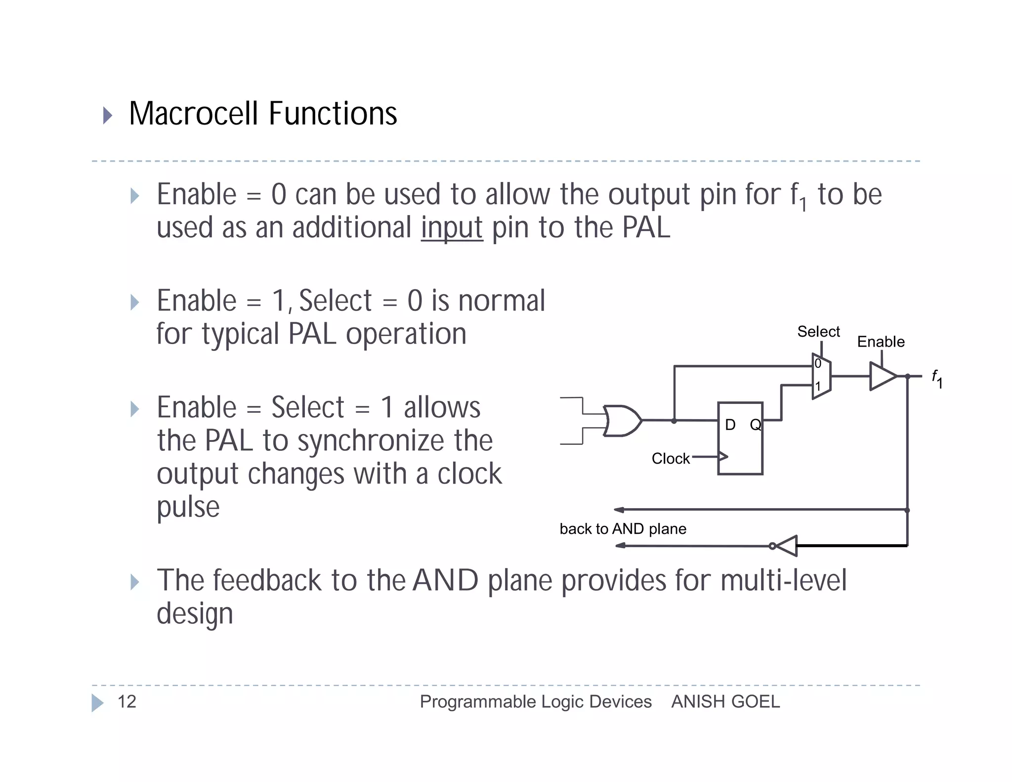     Macrocell Functions

        Enable = 0 can be used to allow the output pin for f1 to be
         used as an additional input pin to the PAL

        Enable = 1, Select = 0 is normal
         for typical PAL operation                                      Select
                                                                                 Enable
                                                                          0
                                                                                          f1
                                                                          1

        Enable = Select = 1 allows                              D Q
         the PAL to synchronize the                      Clock
         output changes with a clock
         pulse
                                             back to AND plane


        The feedback to the AND plane provides for multi-level
         design

    12                        Programmable Logic Devices   ANISH GOEL
 