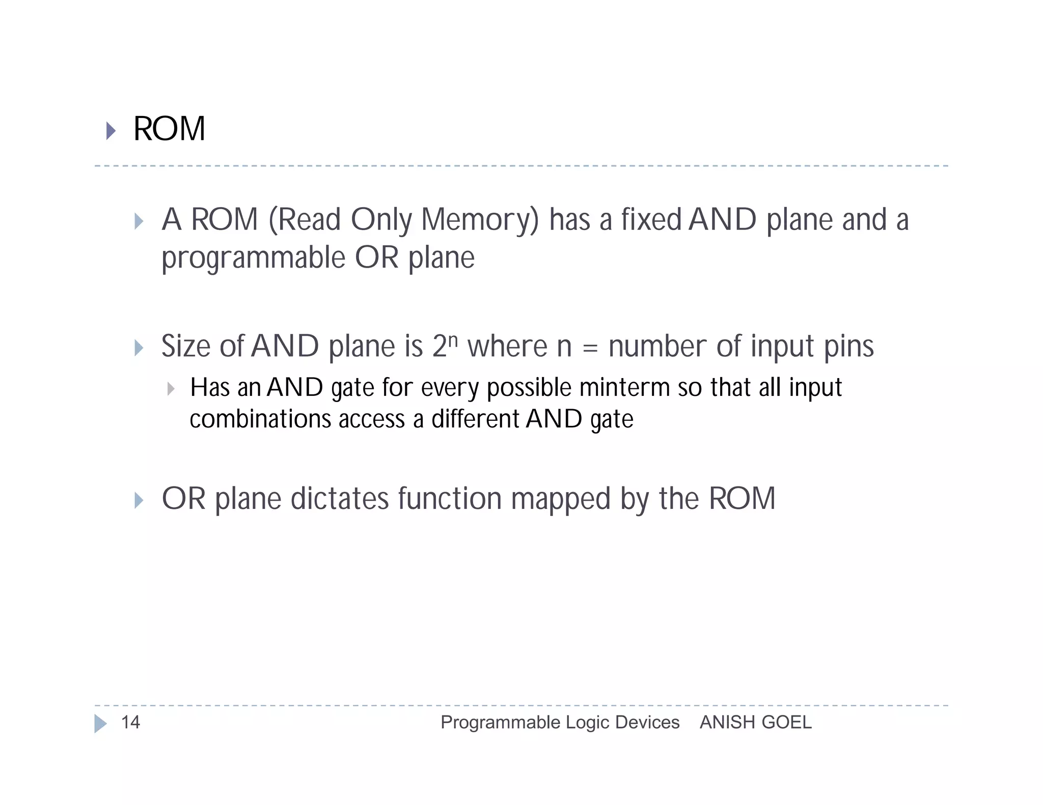     ROM

        A ROM (Read Only Memory) has a fixed AND plane and a
         programmable OR plane

        Size of AND plane is 2n where n = number of input pins
            Has an AND gate for every possible minterm so that all input
             combinations access a different AND gate


        OR plane dictates function mapped by the ROM




    14                              Programmable Logic Devices   ANISH GOEL
 