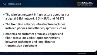 722 September 2016
Sources: A. Stotz Investment Research, Bloomberg, company data, FactSet, Thomson Reuters
 The wireless network infrastructure operates via
a digital GSM network, 3G (HSPA) and 4G LTE
 The fixed-line network infrastructure includes
installed phones and other equipment such as
 modems on customer premises, copper and
fiber-access lines, fiber-optic connections
between exchanges and long-distance
transmission equipment
PLDT Incorporated
 