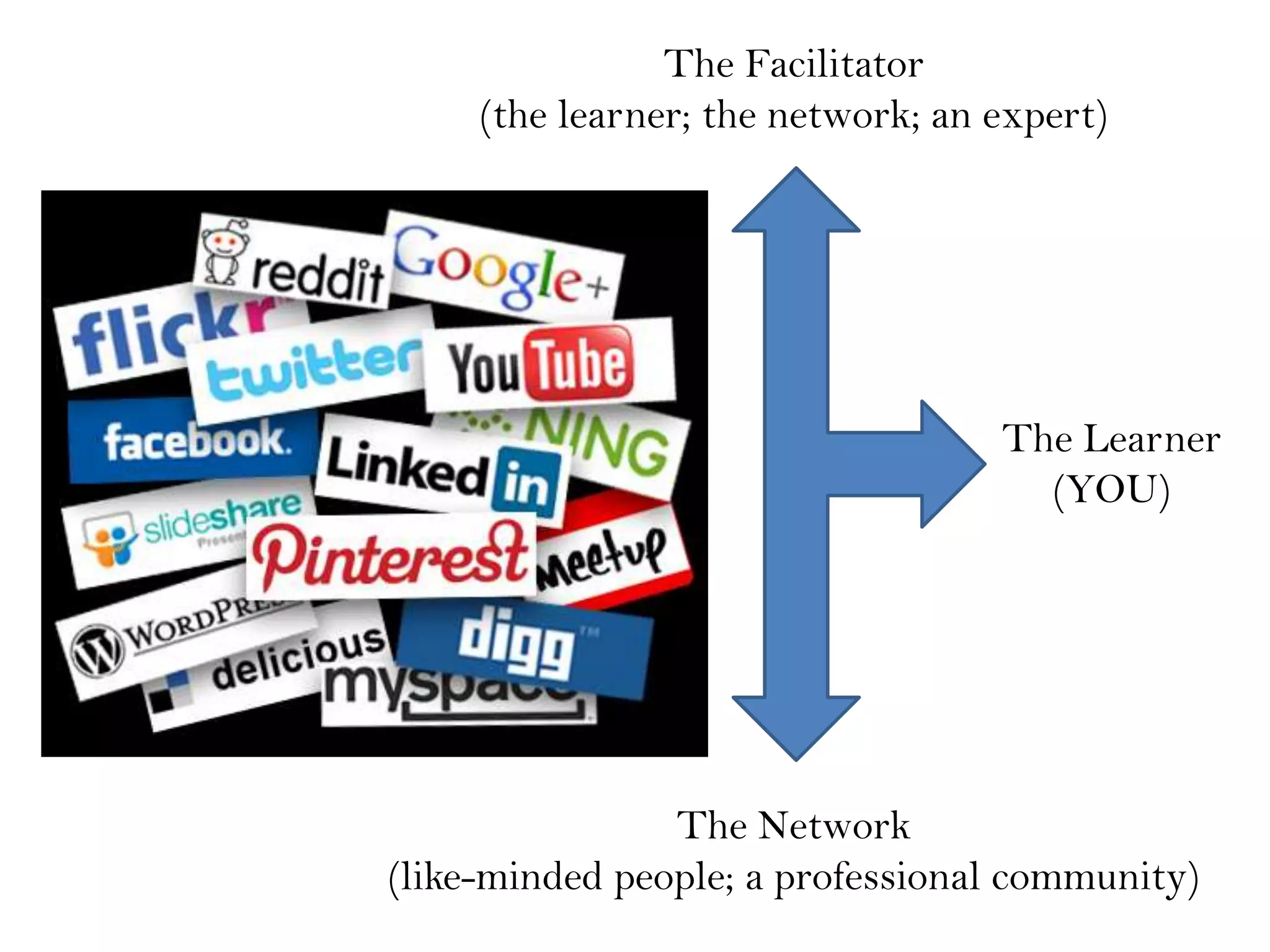 The Facilitator
(the learner; the network; an expert)
The Learner
(YOU)
The Network
(like-minded people; a professional community)
 